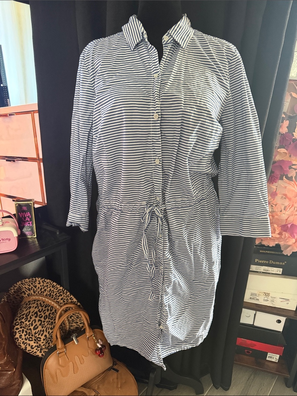 Tommy Hilfiger Navy and White Striped Drawstring Midi Shirt Dress